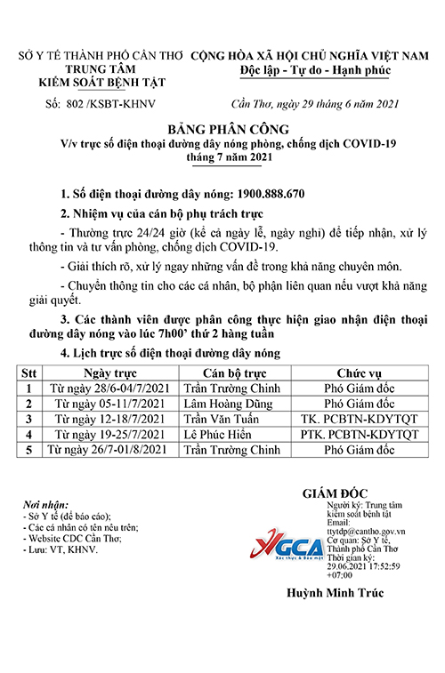 CV 802 Bang phan cong truc SDT duong day nong COVID 19 signed