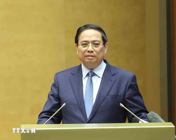 Thủ tướng Chính phủ Phạm Minh Chính, phát biểu tại Hội nghị toàn quốc quán triệt, triển khai thực hiện 4 Nghị quyết của Bộ Chính trị do Bộ Chính trị. Ảnh: TTXVN